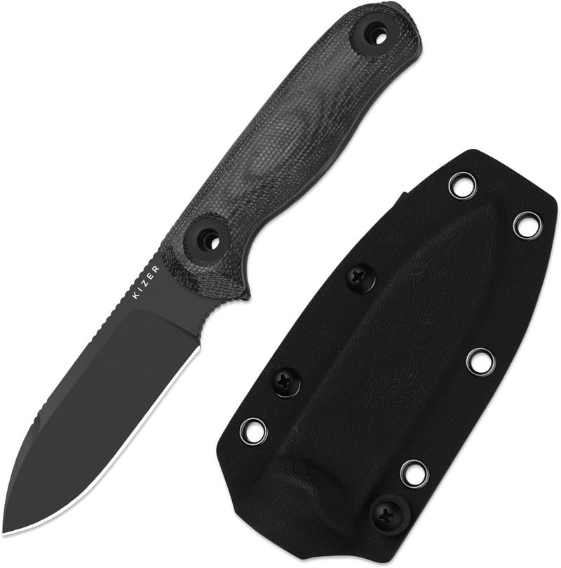 KIZER Drop Bear Fix 3 Fixed Blade Knife, 3.8" 1095 Blade EDC Camping Knife with Black Micarta Handle, Small Hunting Knives with Sheath, Outdoor Survival Knives with Pocket Clip and Lanyard, 1101A3 - Image 1